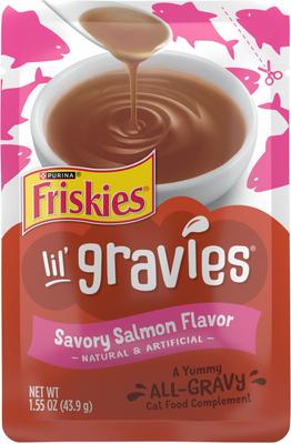 Show full view: Friskies Lil' Gravies Savory Salmon Flavor Cat Food Complement, 1.55-oz pouch, case of 16 slide 1 of 11