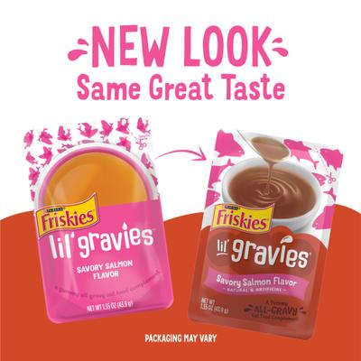 Show full view: Friskies Lil' Gravies Savory Salmon Flavor Cat Food Complement, 1.55-oz pouch, case of 16 slide 3 of 11