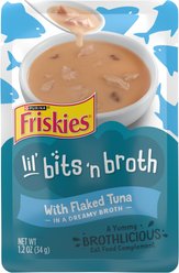 Friskies Lil' Bits ‘n Broth with Flaked Tuna in a Dreamy Broth Lickable Cat Food Topper, 1.2-oz pouch, case of 16