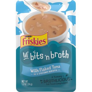 Friskies Lil' Bits ‘n Broth with Flaked Tuna in a Dreamy Broth Lickable Cat Food Topper, 1.2-oz pouch, case of 16