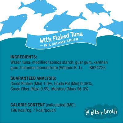 Show full view: Friskies Lil' Bits ‘n Broth with Flaked Tuna in a Dreamy Broth Lickable Cat Food Topper, 1.2-oz pouch, case of 16 slide 6 of 10