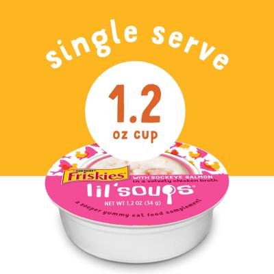 Show full view: Friskies Lil' Soups Salmon, Tuna, & Shrimp Variety Pack Grain-Free Bits in Broth Wet Lickable Cat Food Topper, 1.2-oz tray, case of 30 slide 3 of 11
