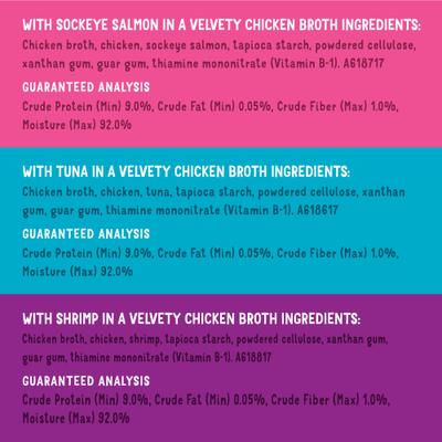 Show full view: Friskies Lil' Soups Salmon, Tuna, & Shrimp Variety Pack Grain-Free Bits in Broth Wet Lickable Cat Food Topper, 1.2-oz tray, case of 30 slide 4 of 11
