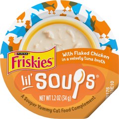 Friskies Lil' Soups with Flaked Chicken in a Velvety Tuna Broth Lickable Cat Food Topper, 1.2-oz tub, case of 8
