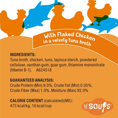 Show full view: Friskies Lil' Soups with Flaked Chicken in a Velvety Tuna Broth Lickable Cat Food Topper, 1.2-oz tub, case of 8 slide 6 of 12