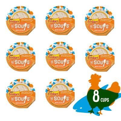 Show full view: Friskies Lil' Soups with Flaked Chicken in a Velvety Tuna Broth Lickable Cat Food Topper, 1.2-oz tub, case of 8 slide 3 of 12