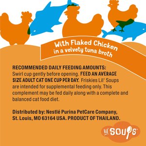 Friskies Lil' Soups with Flaked Chicken in a Velvety Tuna Broth Lickable Cat Food Topper, 1.2-oz tub, case of 8