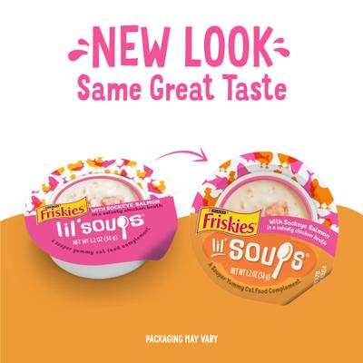 Show full view: Friskies Lil' Soups with Sockeye Salmon in a Velvety Chicken Broth Cat Food, 1.2-oz tray, bundle of 32  slide 4 of 13