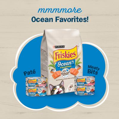 Show full view: Friskies Ocean Favorites Meaty Bits Salmon, Shrimp & Brown Rice Wet Cat Food, 5.5-oz can, case of 24 slide 6 of 11