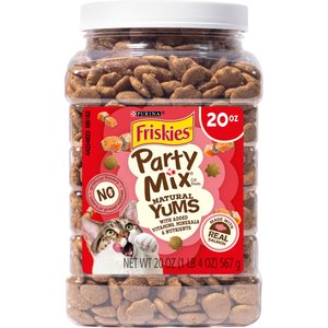 Friskies Party Mix Natural Yums Complete & Balanced Salmon Crunchy Natural Cat Treats, 20-oz tub