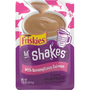 Friskies Pureed Topper Lil Shakes with Scrumptious Salmon Cat Food, 1.55-oz pouch, case of 16