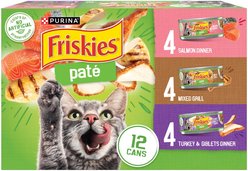 Friskies Salmon Dinner, Turkey & Giblets Dinner & Mixed Grill Variety Pack Wet Cat Food, 5.5-oz can, case of 12