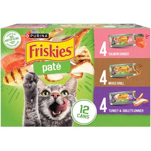 Friskies Salmon Dinner, Turkey & Giblets Dinner & Mixed Grill Variety Pack Wet Cat Food, 5.5-oz can, case of 12