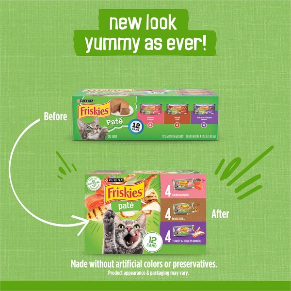 Friskies Salmon Dinner, Turkey & Giblets Dinner & Mixed Grill Variety Pack Wet Cat Food, 5.5-oz can, case of 12