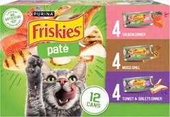 Friskies Salmon Dinner, Turkey & Giblets Dinner & Mixed Grill Variety Pack Wet Cat Food, 5.5-oz can, case of 12