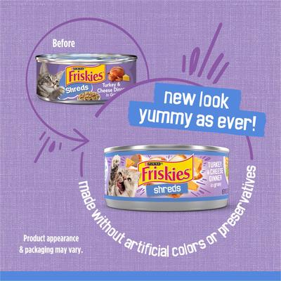 Show full view: Friskies Savory Shreds Turkey & Cheese Dinner in Gravy Canned Cat Food, 5.5-oz can, bundle of 72  slide 3 of 13