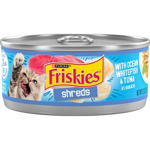 Friskies Savory Shreds with Ocean Whitefish & Tuna in Sauce Canned Cat Food, 5.5-oz, case of 24