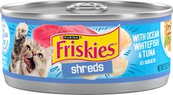 Friskies Savory Shreds with Ocean Whitefish & Tuna in Sauce Canned Cat Food, 5.5-oz can, case of 4