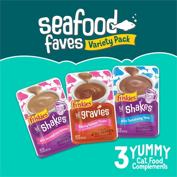 Friskies Seafood Favorites Variety Pack Lickable Gravy Cat Food Complement, 1.5-oz pouch, case of 24