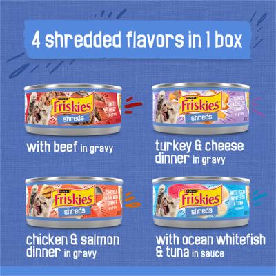 Show full view: Friskies Shreds in Gravy Variety Pack Canned Cat Food, 5.5-oz can, case of 48 slide 3 of 13