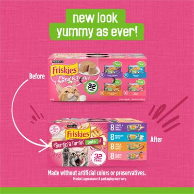 Show full view: Friskies Surfin' & Turfin' Pate Favorites Variety Pack Wet Cat Food, 5.5-oz can, case of 32 slide 3 of 10