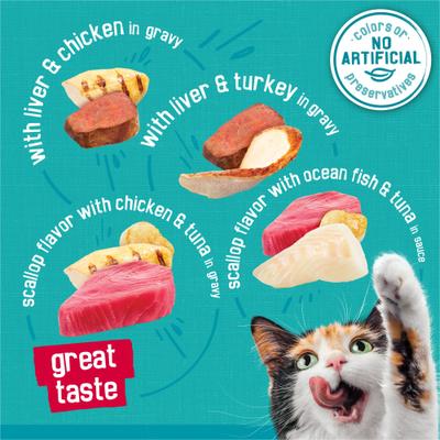 Show full view: Friskies Tasty Treasures Adult Prime Filets in Gravy Variety Pack Wet Cat Food, 5.5-oz can, case of 24 slide 3 of 12