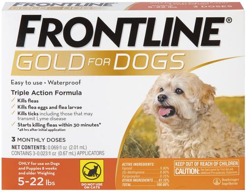 Show full view: Frontline Gold for Dogs Flea & Tick Treatment (Small Dog, 5-22 lbs) 3 Doses (Orange Box) slide 1 of 11