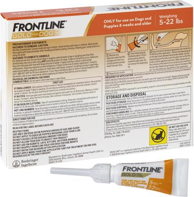 Show full view: Frontline Gold for Dogs Flea & Tick Treatment (Small Dog, 5-22 lbs) 3 Doses (Orange Box) slide 5 of 11