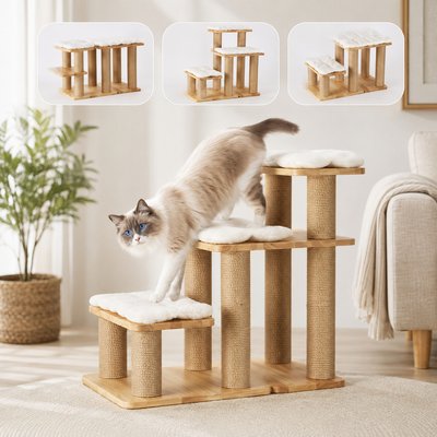 FUKUMARU FUKUMARU 2-in-1 Wooden Solid Wood 3-Step Ramp Dog & Cat Stairs with Scratching Post, Brown, Large