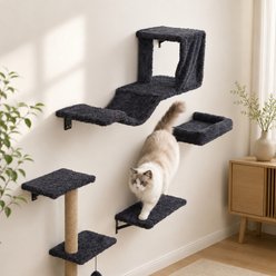 FUKUMARU 4-in-1 Set Wooden Mounted Climbing Wooden Furniture with Scratching Post Wood Novelty Cat Wall Shelves, Black, 16-in