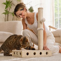 FUKUMARU 4-in-1 Wood Sisal 23.5-in Tall Novelty Cat Scratching Post with Interactive Puzzle Box & Ball Track