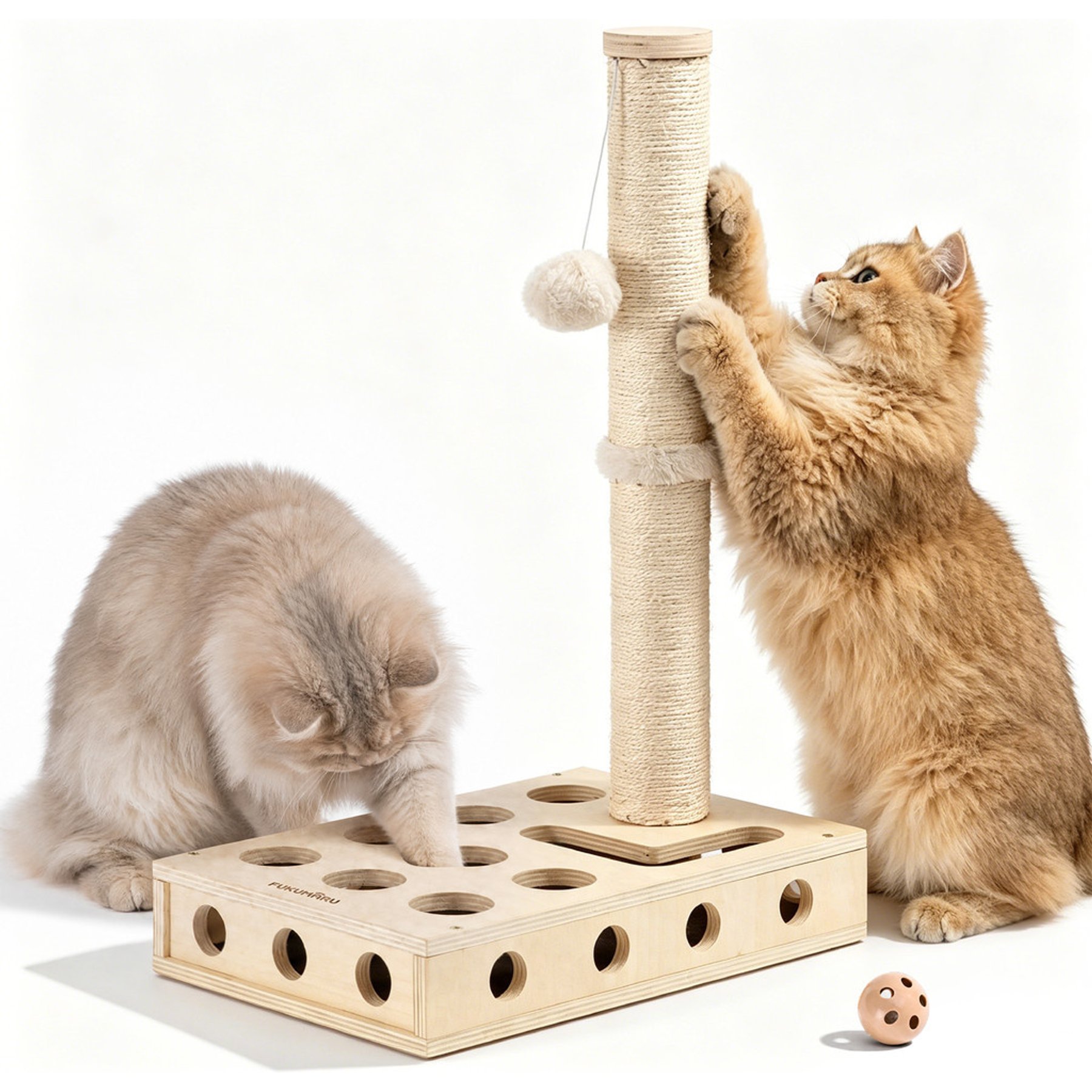 FUKUMARU 4-in-1 Wood Sisal 23.5-in Tall Novelty Cat Scratching Post with Interactive Puzzle Box & Ball Track