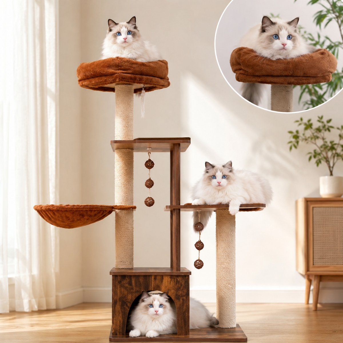 FUKUMARU 4-Level 53.5-in Vintage Brown Wood Modern Cat Tree & Condos with Jute Scratching Post, Hammock & Silvervine Balls