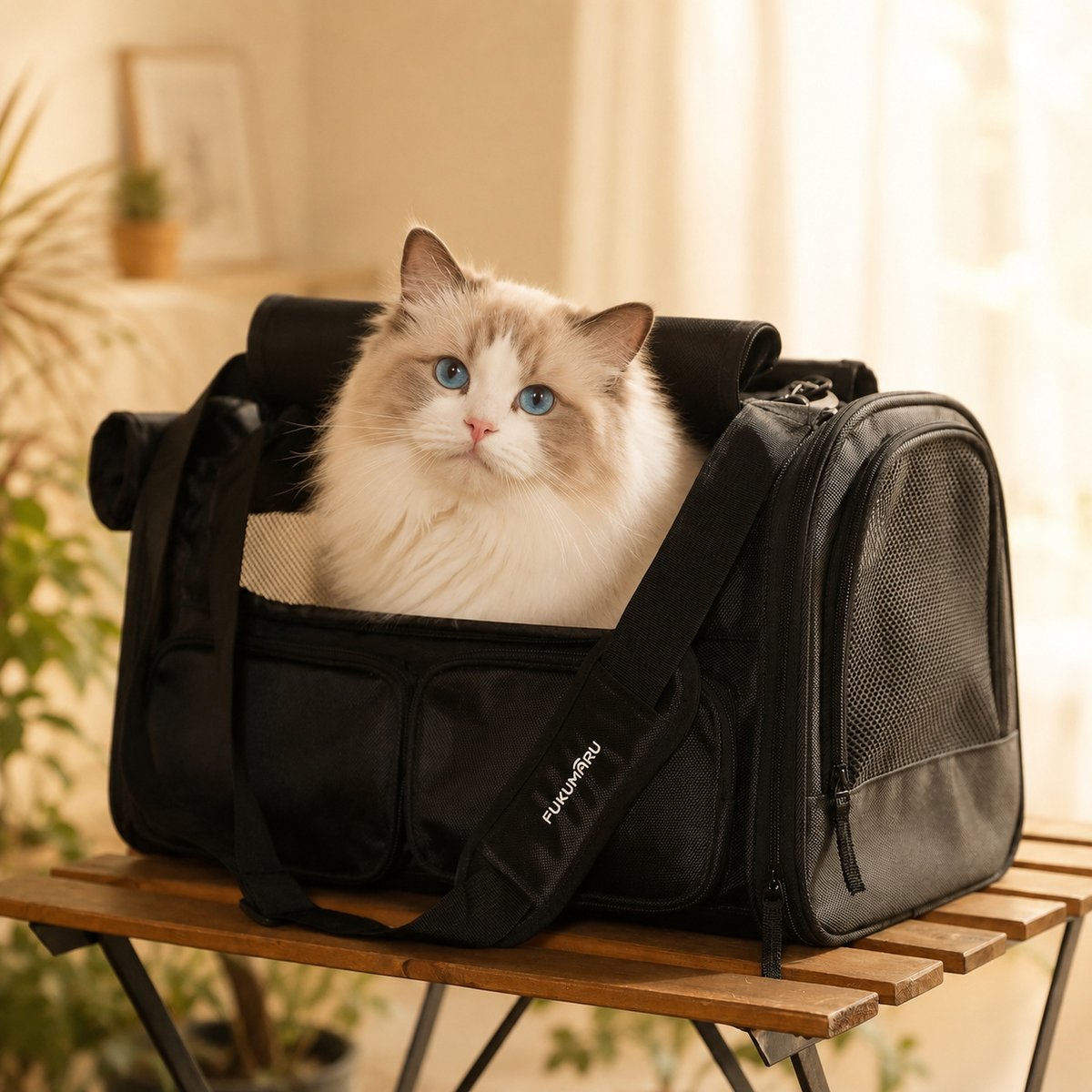 FUKUMARU 4 Mesh Windows & Storage Pockets Travel Bag Airline Approved Cat Carrier, Black