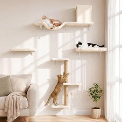 FUKUMARU 5-in-1 Solid Wood Wall Mounted Cat Wall Shelves Set Climbing Furniture with Scratching Post, Bridge & Perch, Beige