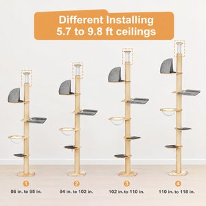 FUKUMARU Floor to Ceiling Cat Tower 69 to 118-in Adjustable 6 Level Cat Tree with Hammock, Beige