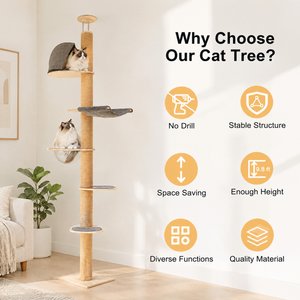 FUKUMARU Floor to Ceiling Cat Tower 69 to 118-in Adjustable 6 Level Cat Tree with Hammock, Beige