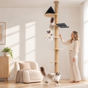 FUKUMARU Floor to Ceiling Cat Tower 69 to 118-in Adjustable 6 Level Cat Tree with Hammock, Beige