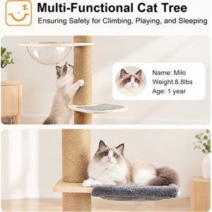 FUKUMARU Floor to Ceiling Cat Tower 69 to 118-in Adjustable 6 Level Cat Tree with Hammock, Beige