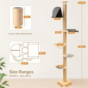FUKUMARU Floor to Ceiling Cat Tower 69 to 118-in Adjustable 6 Level Cat Tree with Hammock, Beige