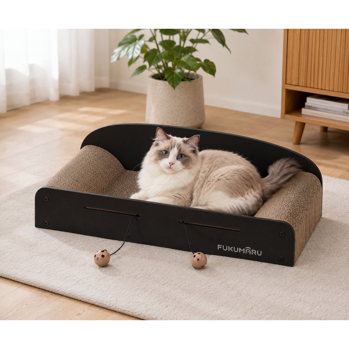 FUKUMARU Indoor Two Reversible Cardboard & Durable Sofa Couch Lounger Cat Scratcher Bed & Pads Refill with Fun Toys