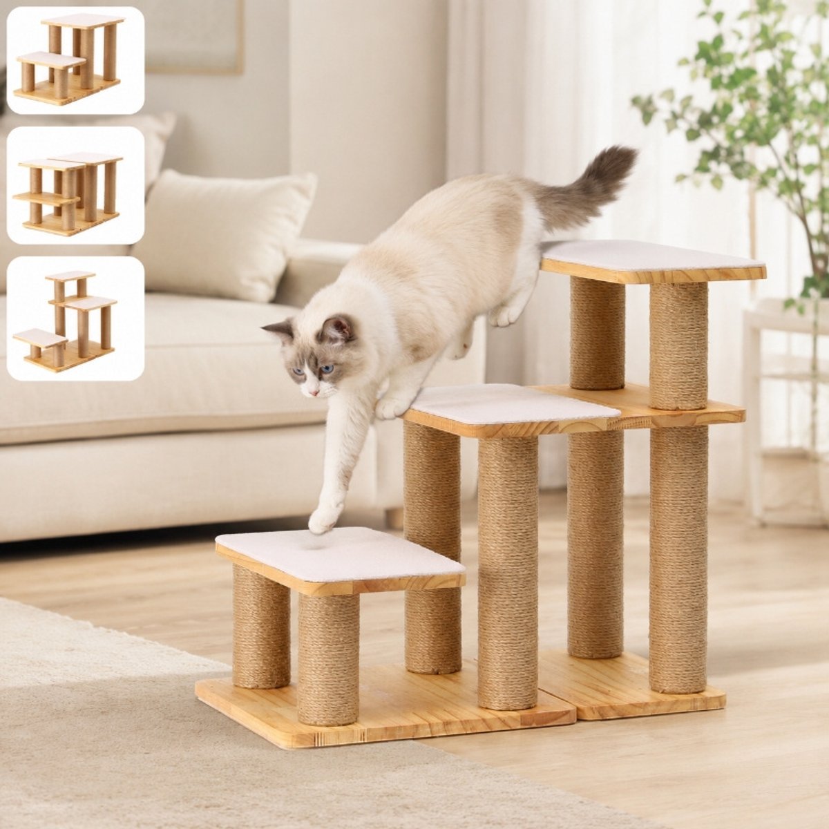 FUKUMARU Scratching Post Solid Wood Dog & Cat Stairs, Beige