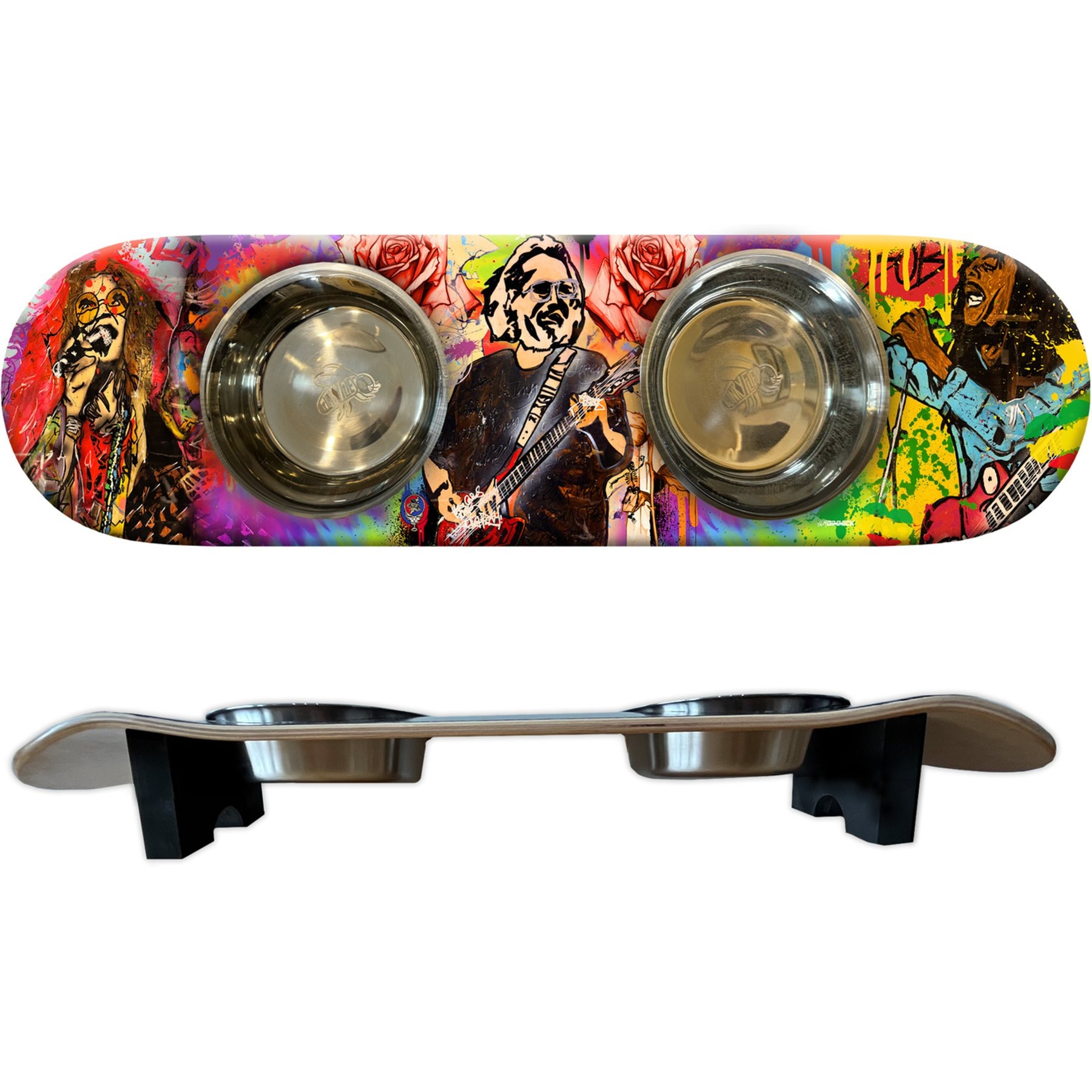 Funky Flies Musical Vibes Skate Stainless Steel Elevated Cat Bowl, 3-cup