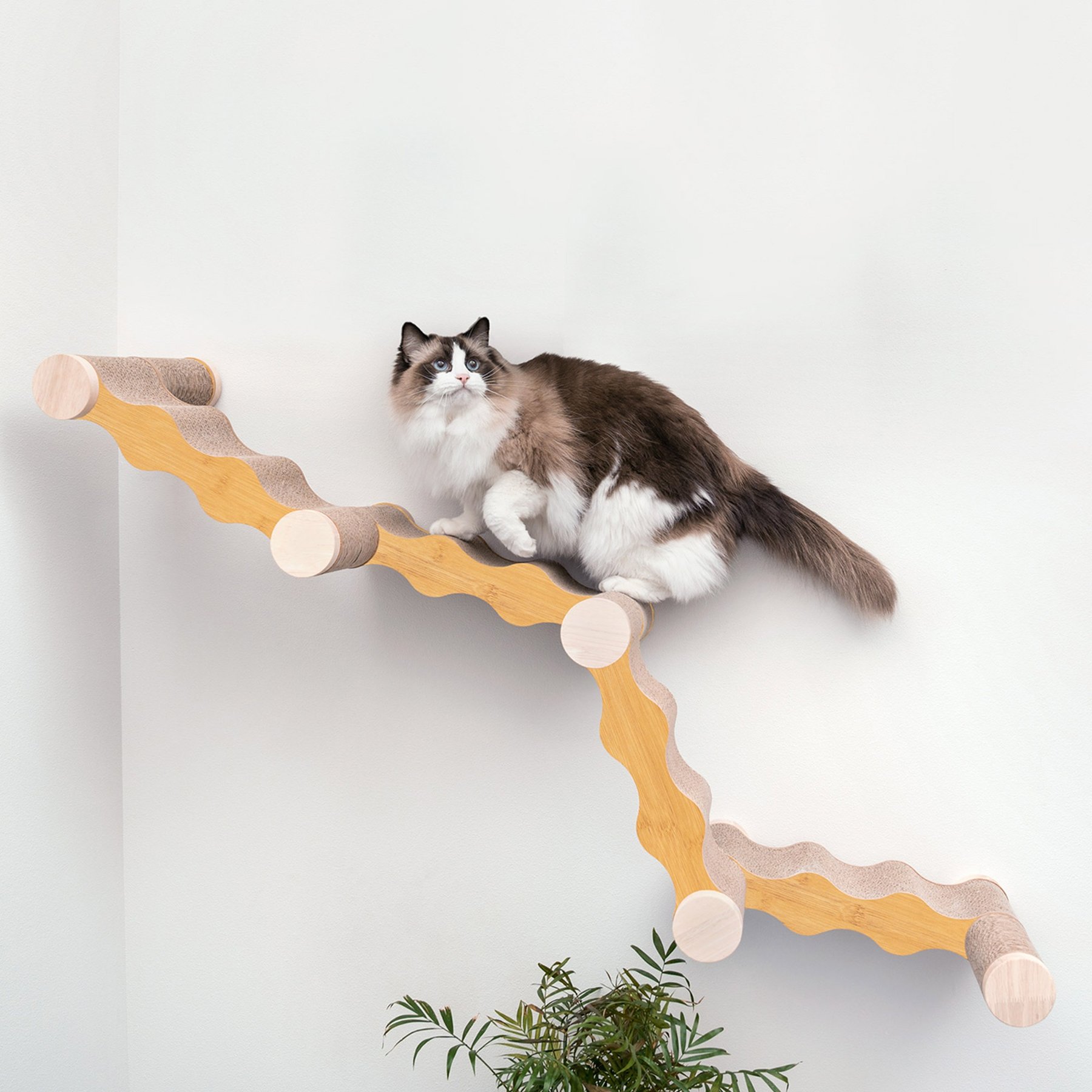 FurHaven Ascentials Wave Cat Wall Shelve, Bamboo