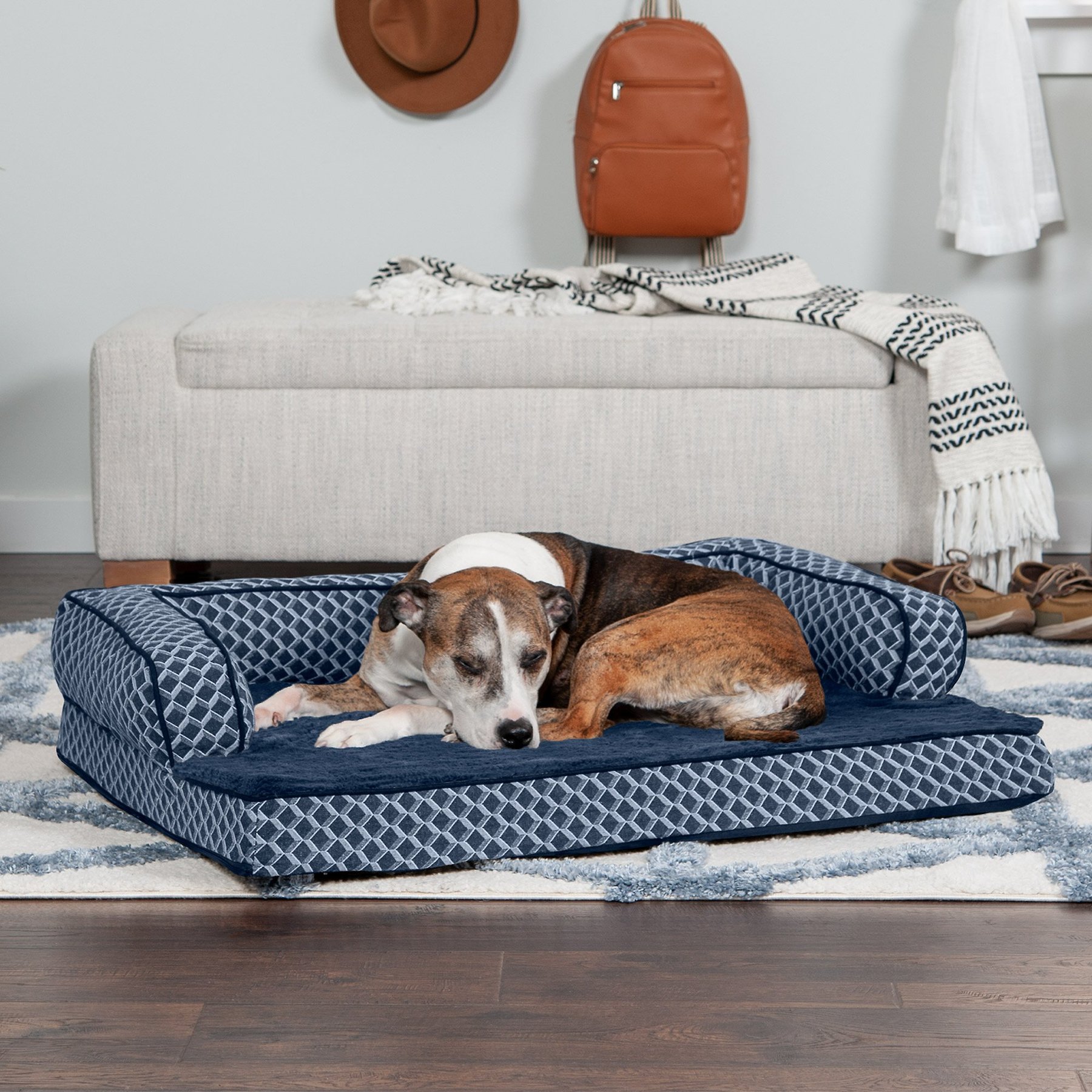 FurHaven Comfy Couch Cooling Gel Cat & Dog Bed with Removable Cover, Diamond Blue, Large