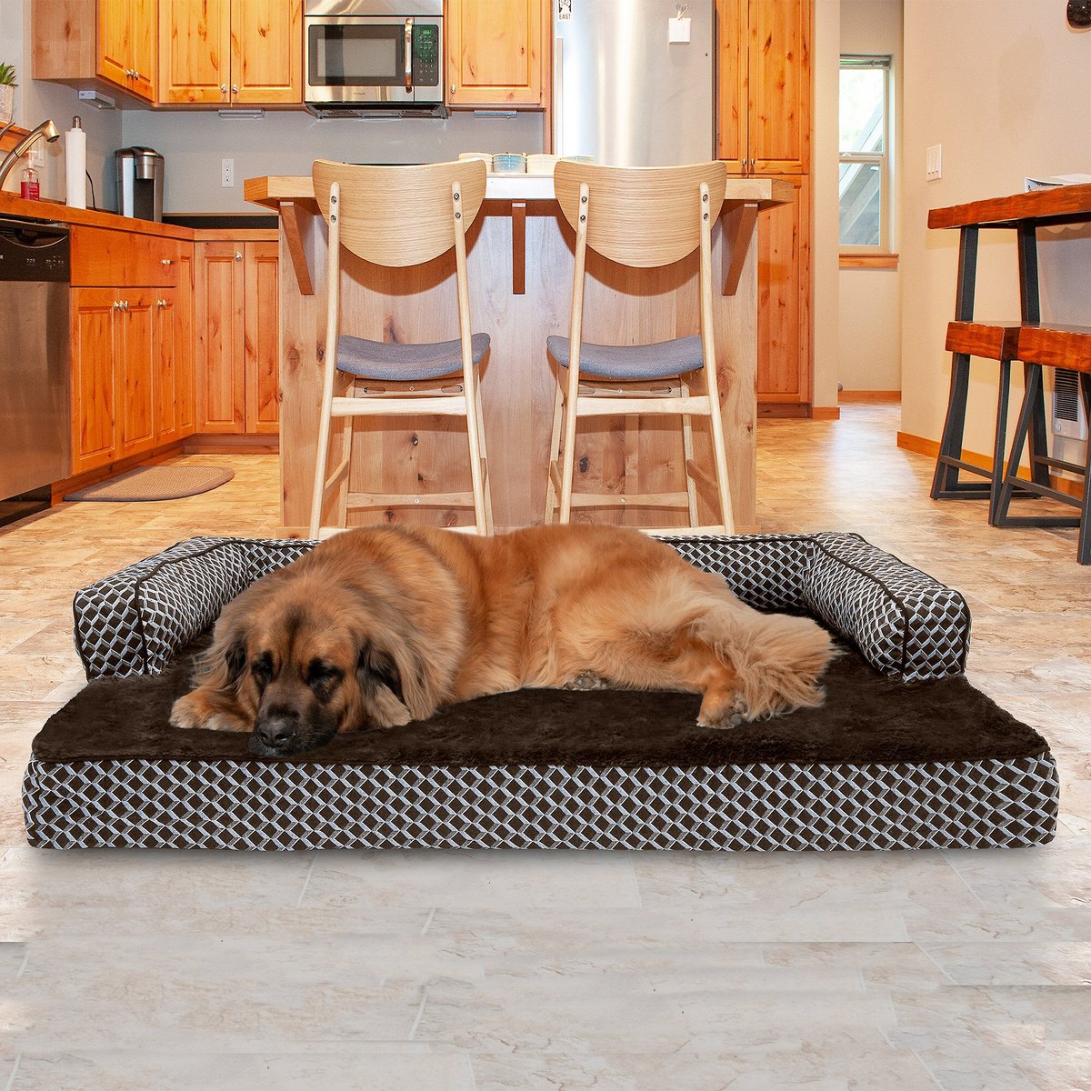 FurHaven Comfy Couch Cooling Gel Cat & Dog Bed with Removable Cover, Diamond Brown, Jumbo Plus