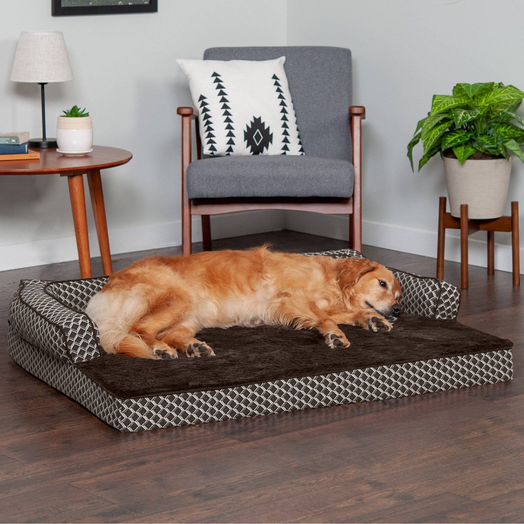 FurHaven Comfy Couch Cooling Gel Cat & Dog Bed with Removable Cover, Diamond Brown, Jumbo