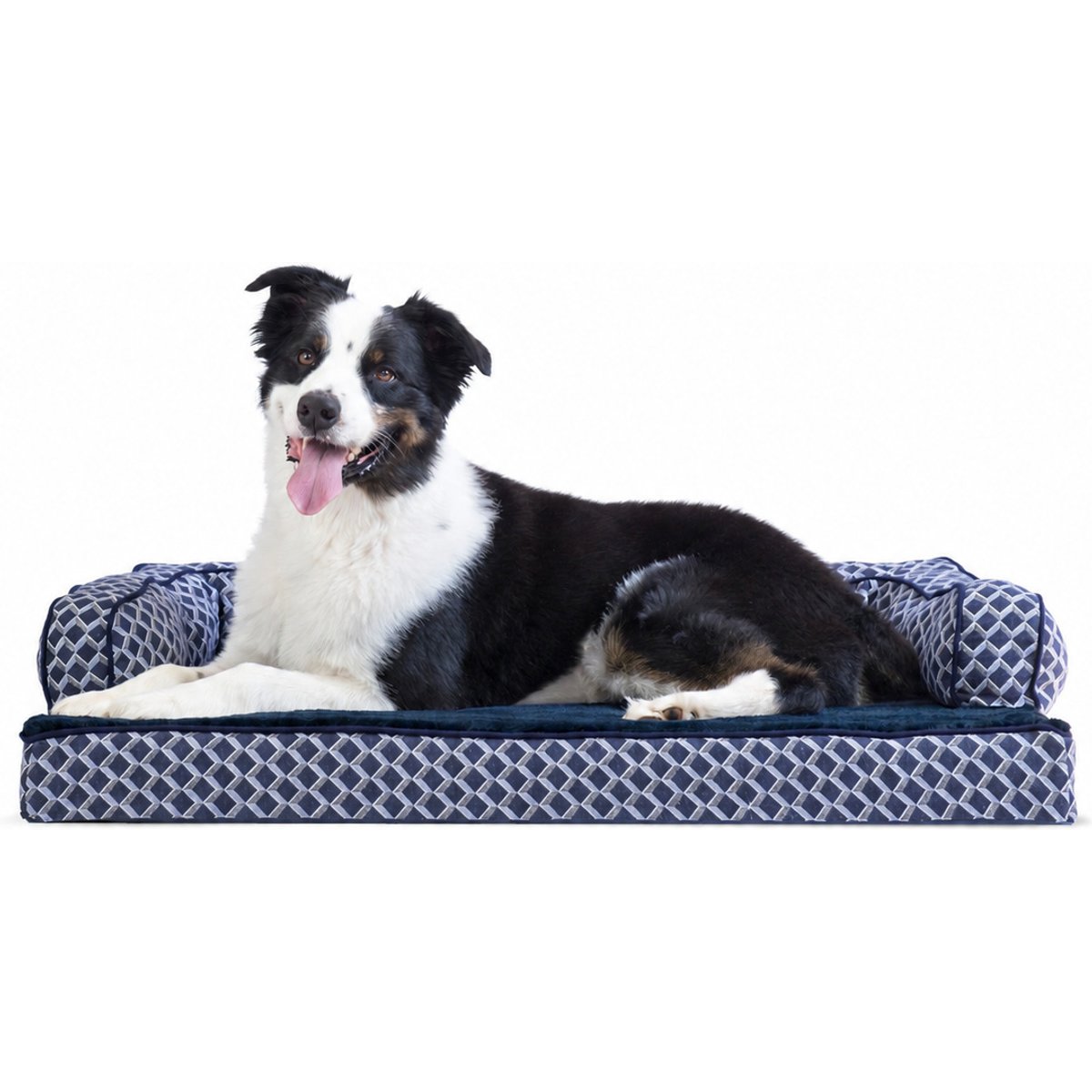 FurHaven Comfy Couch Orthopedic Bolster Dog Bed with Removable Cover, Diamond Blue, Large
