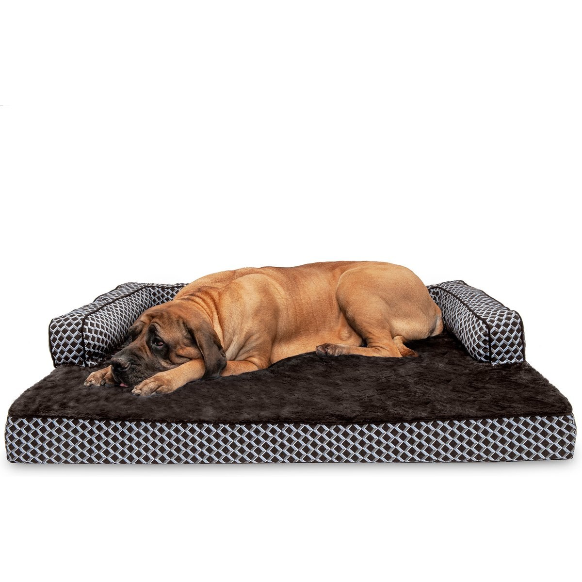 FurHaven Comfy Couch Orthopedic Bolster Dog Bed with Removable Cover, Diamond Brown, Jumbo Plus