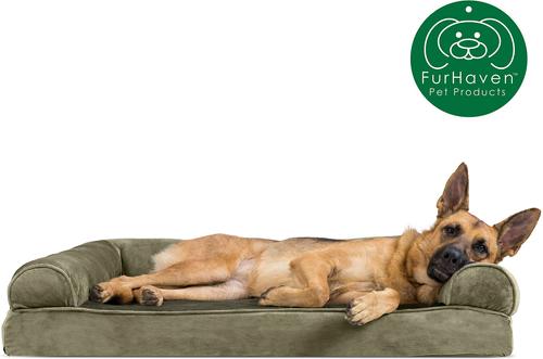 Show full view: FurHaven Faux Fur Memory Top Bolster Dog Bed with Removable Cover, Dark Sage, Jumbo slide 4 of 11